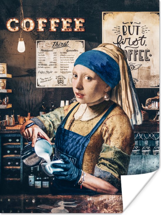 Poster Cappuccino bereiden - Meisje met de parel - Koffie - Barista - Vintage - But first coffee - 30x40 cm