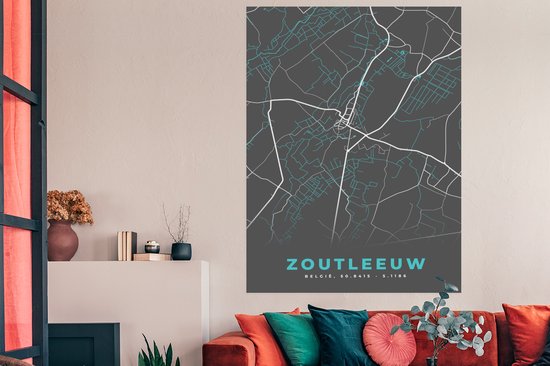 Poster België - Zoutleeuw - Plan de la ville - Carte - Blauw - Carte - 120x180 cm XXL