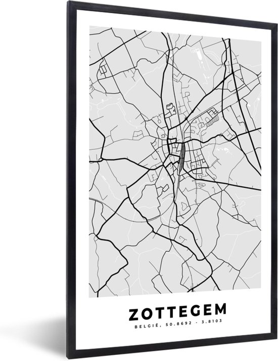 Fotolijst incl. Poster Zwart Wit- België – Zottegem – Stadskaart – Kaart – Zwart Wit – Plattegrond - 40x60 cm - Posterlijst