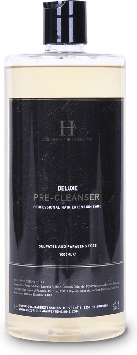 Deluxe Pre-Cleanser Shampoo 1000ml (Geleverd met bijbehorende pomp. De Deluxe Pre-Cleanser is speciaal ontwikkeld om overige achtergebleven lijmresten van hair extensions uit het haar te verwijderen. Vrij van Sulfaten en Parabenen.