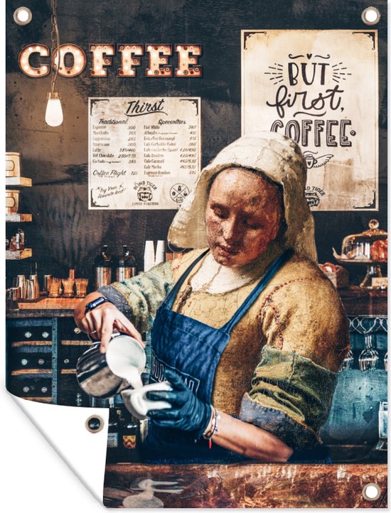 Tuin decoratie Cappuccino - Vermeer - Melkmeisje - Barista - Koffie - Vintage - 30x40 cm - Tuindoek - Buitenposter