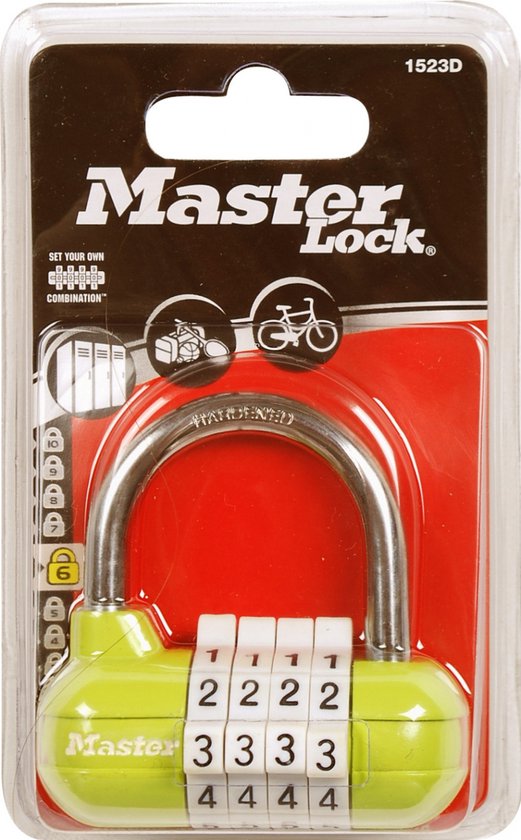 Groen Master Lock cijferslot in verpakking, met cijfers 2222, 3333 en 4444.