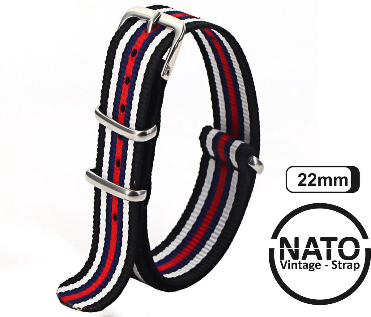 22mm Premium Nato Strap Zwart Rood Blauw Wit - Vintage James Bond - Nato Strap collectie - Mannen - Horlogeband - 22 mm bandbreedte voor oa. Seiko Rolex Omega Casio en Citizen