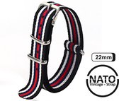 22mm Premium Nato Strap Zwart Rood Blauw Wit - Vintage James Bond - Nato Strap collectie - Mannen - Horlogeband - 22 mm bandbreedte voor oa. Seiko Rolex Omega Casio en Citizen