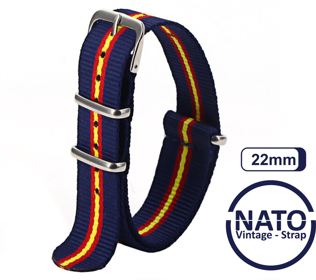 22mm Premium Nato Strap Rood Geel Blauw - Vintage James Bond - Nato Strap collectie - Mannen - Horlogeband - 22 mm bandbreedte voor oa. Seiko Rolex Omega Casio en Citizen