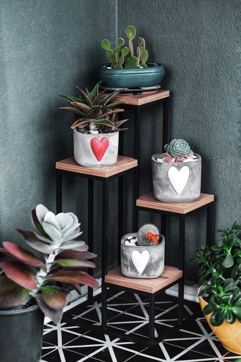 Metalen Plantentafel met Houten Etagères - 34 x 34 x 67 cm