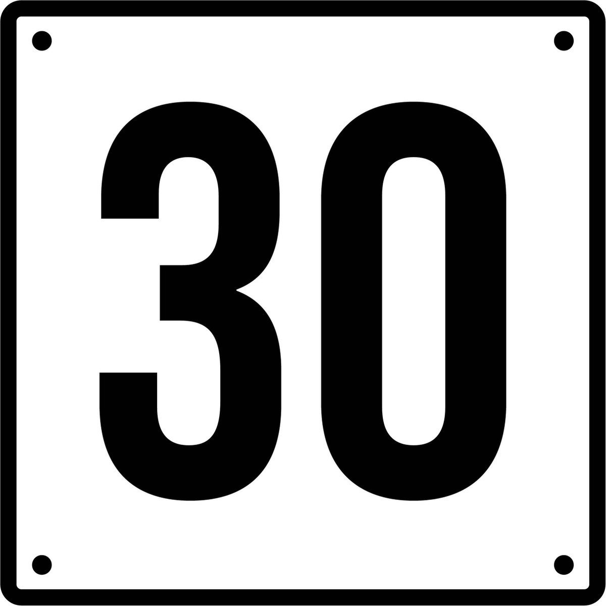 Huisnummerbord 30 - Incl. Schroeven en Pluggen – Acrylaat - 10 x 10 cm - Wit met Zwart