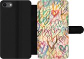 Bookcase Geschikt voor iPhone SE 2020 telefoonhoesje - Een illustratie met hartjes op de achtergrond - Met vakjes - Wallet case met magneetsluiting