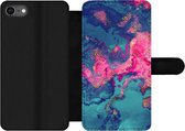 Bookcase Geschikt voor iPhone 7 telefoonhoesje - Marmer print - Verf - Roze - Blauw - Met vakjes - Wallet case met magneetsluiting