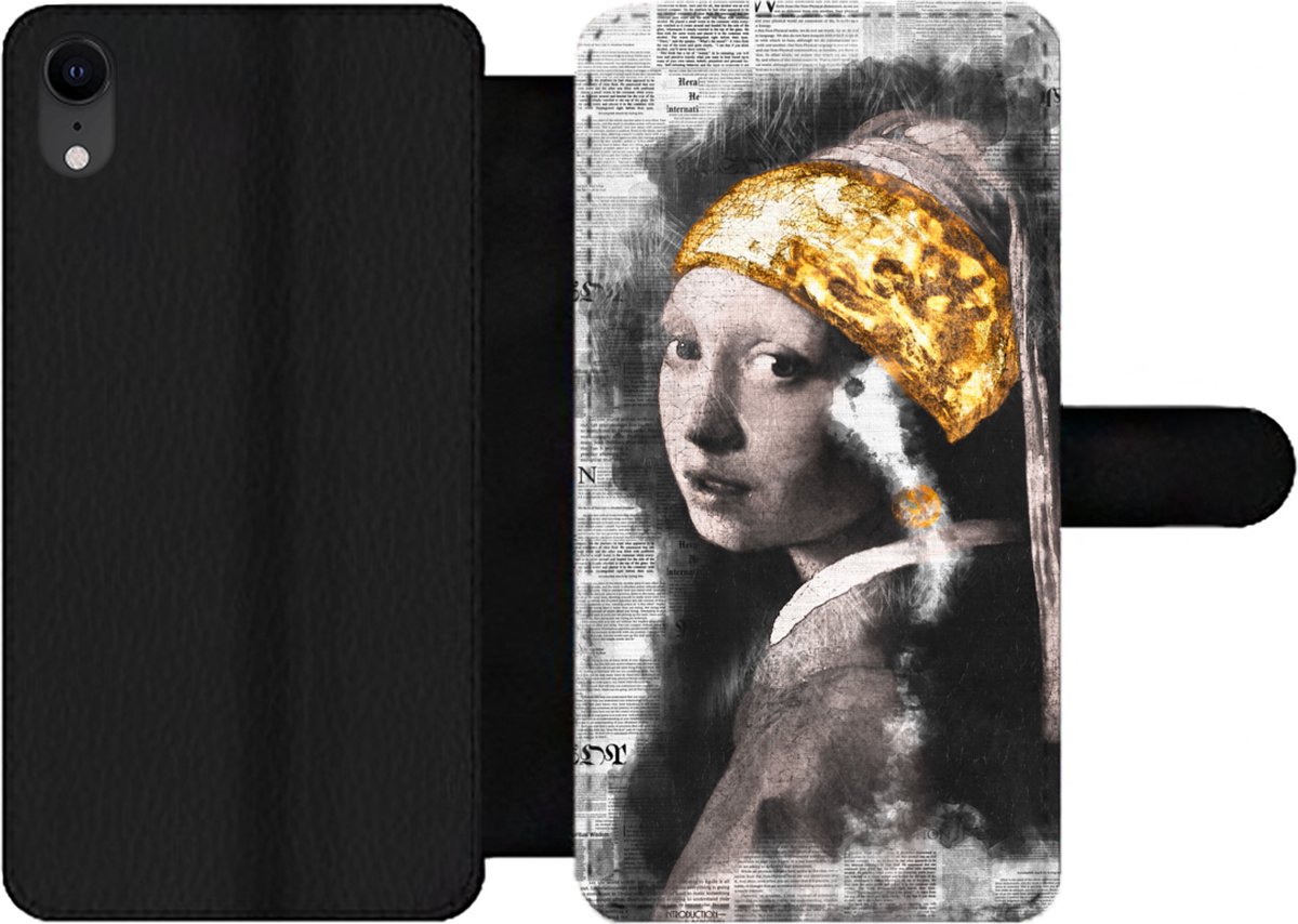 Telefoonhoesje Geschikt voor iPhone XR telefoonhoesje - Meisje met de parel - Goud - Waterverf - Met vakjes - Wallet case met magneetsluiting