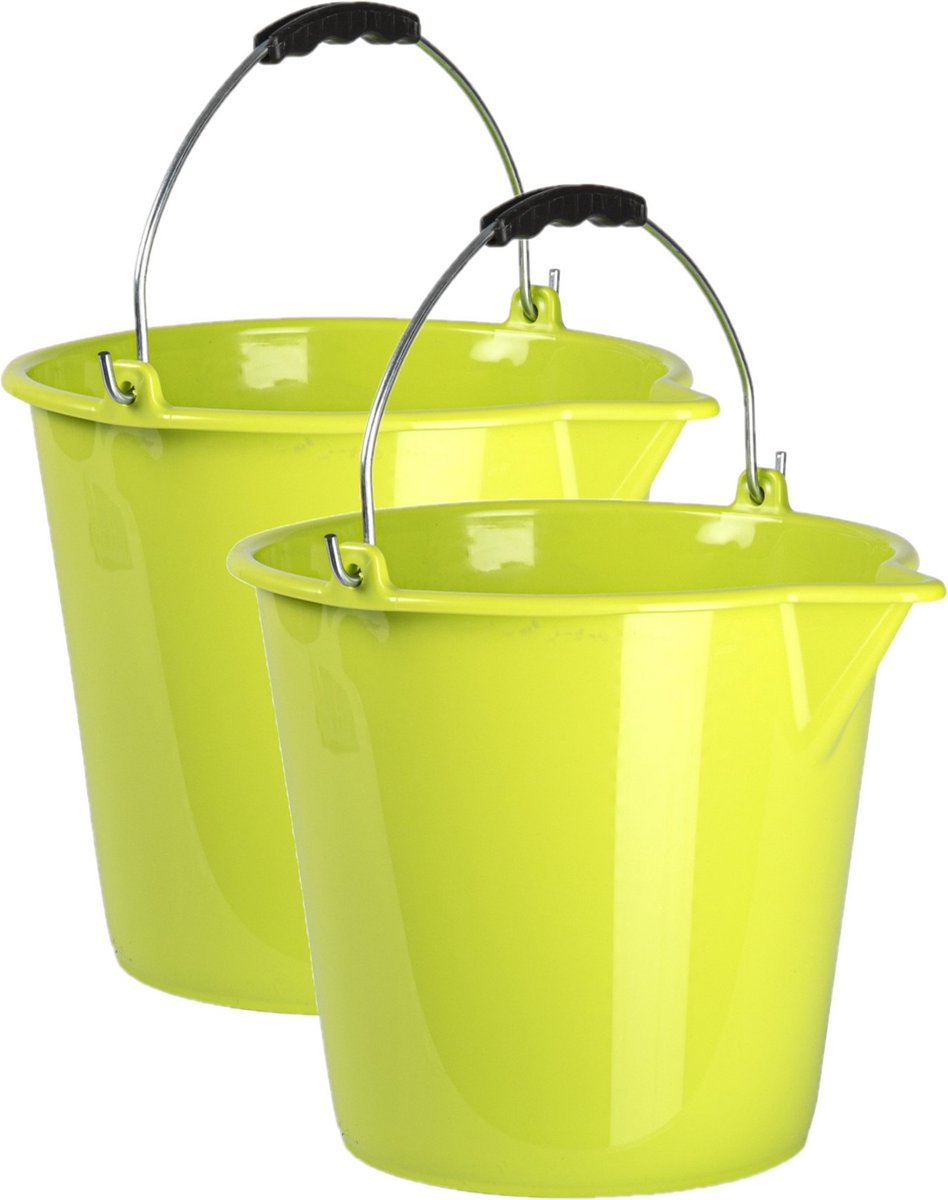 Goedkoopste 2x stuks huishoud schoonmaak emmers kunststof groen 9 liter inhoud 30 x 26 cm - Met metalen hengsel en schenktuit