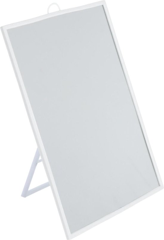 Basic make-up spiegel/scheerspiegel op standaard kunststof 18 x 24 cm wit – Badkamer/kaptafel opmaakspiegels