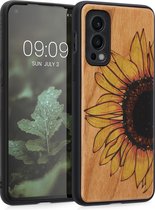 kwmobile telefoonhoesje compatibel met OnePlus Nord 2 5G - Hoesje met bumper in geel / donkerbruin / lichtbruin - kersenhout - Wood Sunflower design