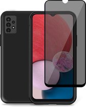 Hoesje voor Samsung A13 4G + Privacy Screenprotector voor Samsung A13 4G – Privé Gehard Glas Cover - Suède Case Zwart