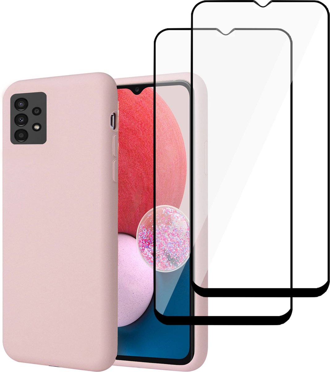 Hoesje geschikt voor Samsung A13 4G + 2x Screenprotector – Full Screen Tempered Glass - Liquid Back Case Cover Rose