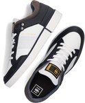 Twee blauwe G-Star Raw sneakers, één met witte zijkanten en bruine hiel.