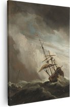 Artaza Canvas Schilderij De Windstoot - Een Schip in Volle Zee bij Vliegende Storm - Willem van de Velde - 80x100 - Groot - Kunst - Wanddecoratie