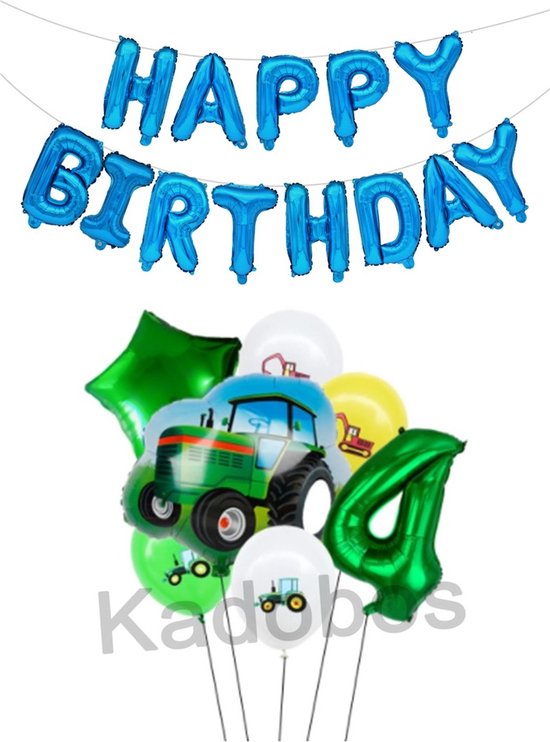 Tractor ballonnen set verjaardag - 4 jaar + Happy Birthday letters - 20 ballonnen