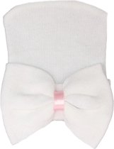 Baby geboortemuts / newbornmuts - Strik - wit met roze - 0-3 maanden