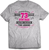 73 Jaar Legend - Feest kado T-Shirt Heren / Dames - Antraciet Grijs / Roze - Perfect Verjaardag Cadeau Shirt - grappige Spreuken, Zinnen en Teksten. Maat XL