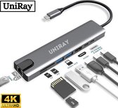 UniRay 8-in-1 - Hub - Geschikt voor Apple Macbook Pro / Air / iMac / Mac Mini / Google Chromebook / Windows / HP / ASUS / Lenovo - Type-C Kabel naar 4K UHD HDMI Converter - Ethernet - Thunderbolt 3 - USB 3.0 / Docking station / Dockingstation