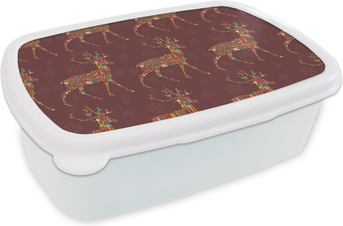 Broodtrommel Wit - Lunchbox - Brooddoos - Hert - Patronen - Kleuren - 18x12x6 cm - Volwassenen