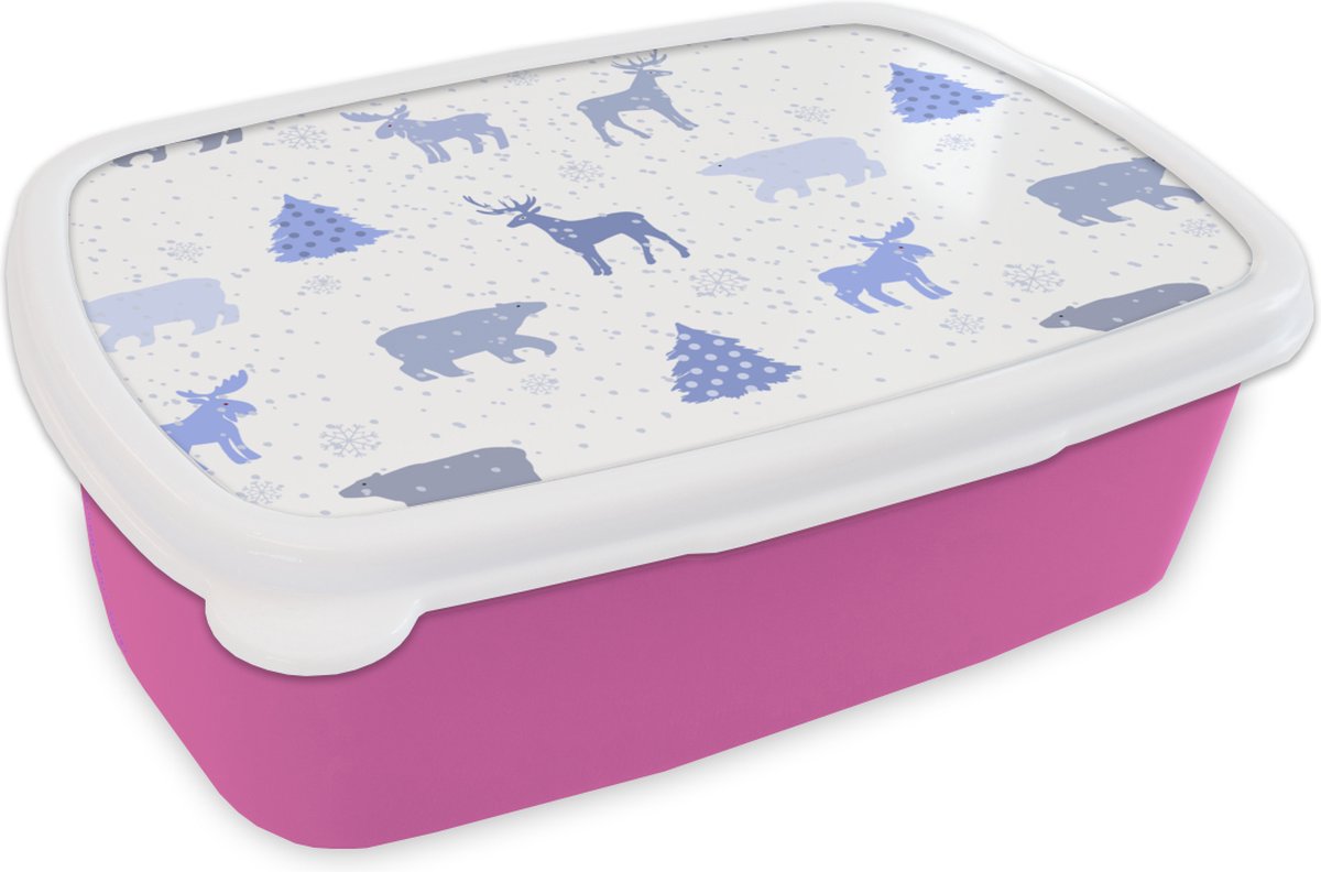 Broodtrommel Roze - Lunchbox - Brooddoos - Hert - Patroon - Sneeuw - 18x12x6 cm - Kinderen - Meisje