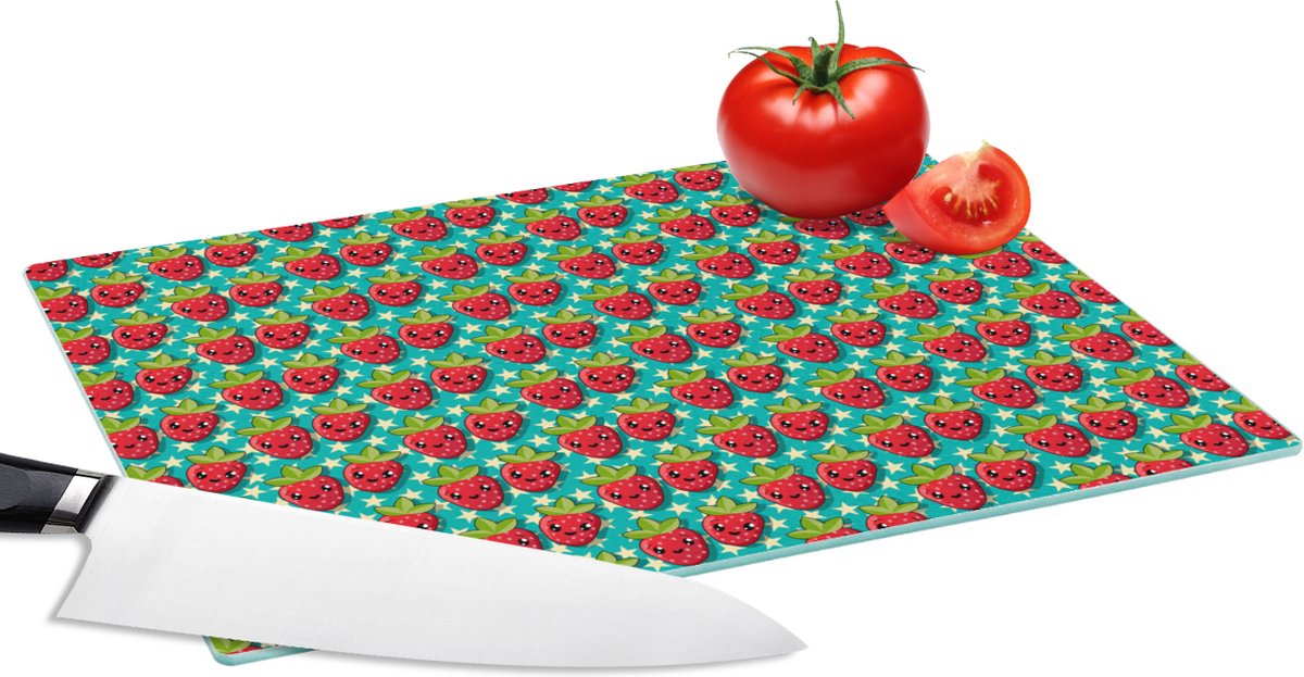 Glazen Snijplank - 28x20 - Aardbeien - Kinderen - Fruit - Vegan - Design - Snijplanken Glas