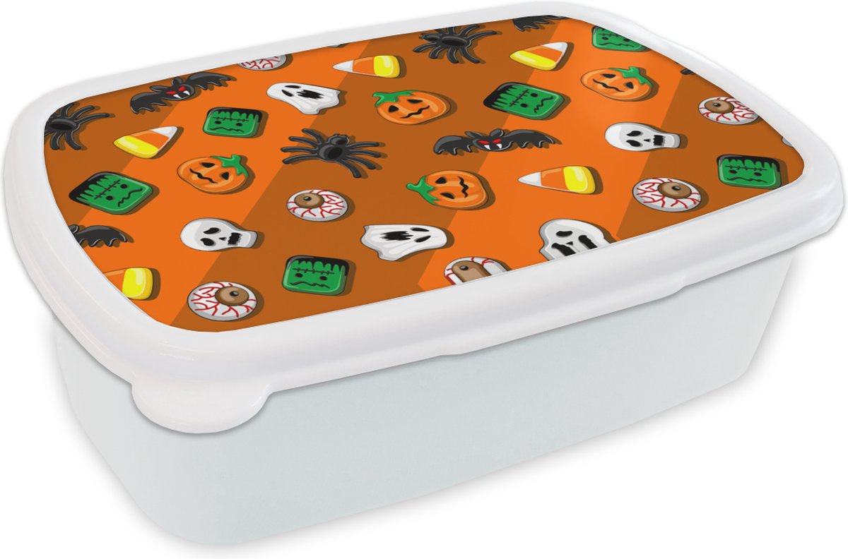 Broodtrommel Wit - Lunchbox - Brooddoos - Snoep - Halloween - Patronen - 18x12x6 cm - Volwassenen