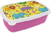 Broodtrommel Roze - Lunchbox - Brooddoos - Flamingo - Dieren - Patroon - 18x12x6 cm - Kinderen - Meisje