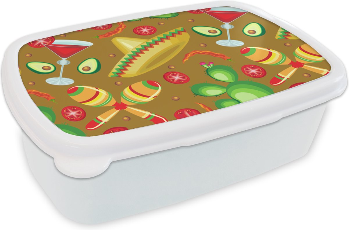 Broodtrommel Wit - Lunchbox - Brooddoos - Mexico - Sombrero - Patronen - 18x12x6 cm - Volwassenen