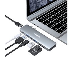 A-KONIC USB-C HUB – 7 in 1 – met / naar HDMI 4K, 2x USB 3.0, 2x USB C (thunderbolt 3, opladen & data Transfer), Micro/SD card reader Hub – USB Splitter – Geschikt voor Apple Macbook Pro / Air- Grey