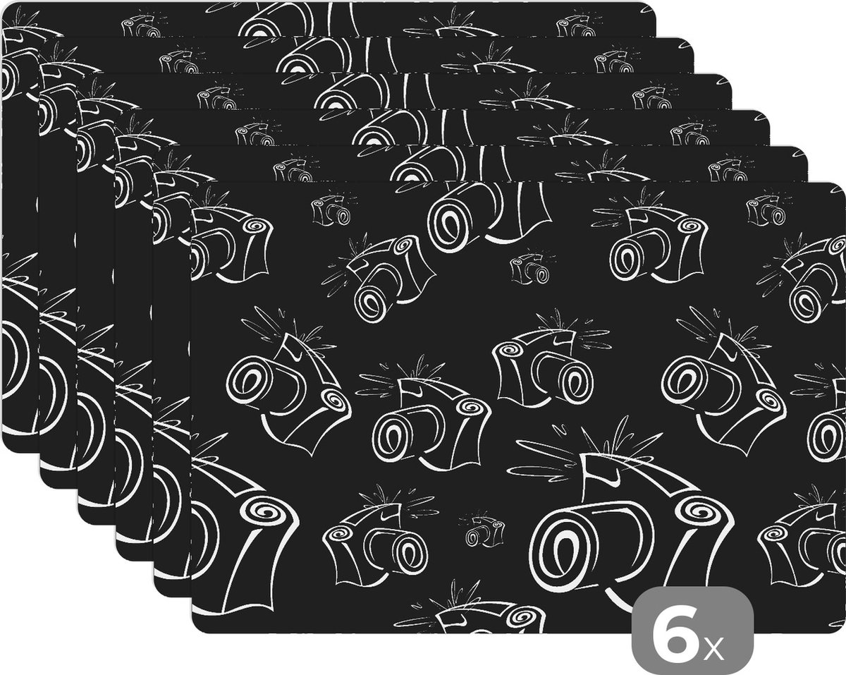 Placemat - Placemats kunststof - Camera - Patronen - Zwart Wit - 45x30 cm - 6 stuks - Hittebestendig - Anti-Slip - Onderlegger - Afneembaar