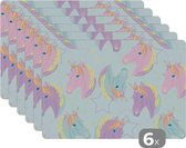 Placemat - Placemats kunststof - 45x30 cm - Unicorn - Sterren - Patronen - 6 stuks - Borden onderleggers antislip - Tafel decoratie - Luxe tafelversiering - Tafelmat vinyl - Bord onderlegger - Tafeldecoratie accessoires