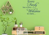 Stickerheld - Muursticker "Every family has a story... Welcome to ours..." Quote - Woonkamer - inspirerend - Engelse Teksten - Mat Donkerblauw - 55x69.1cm