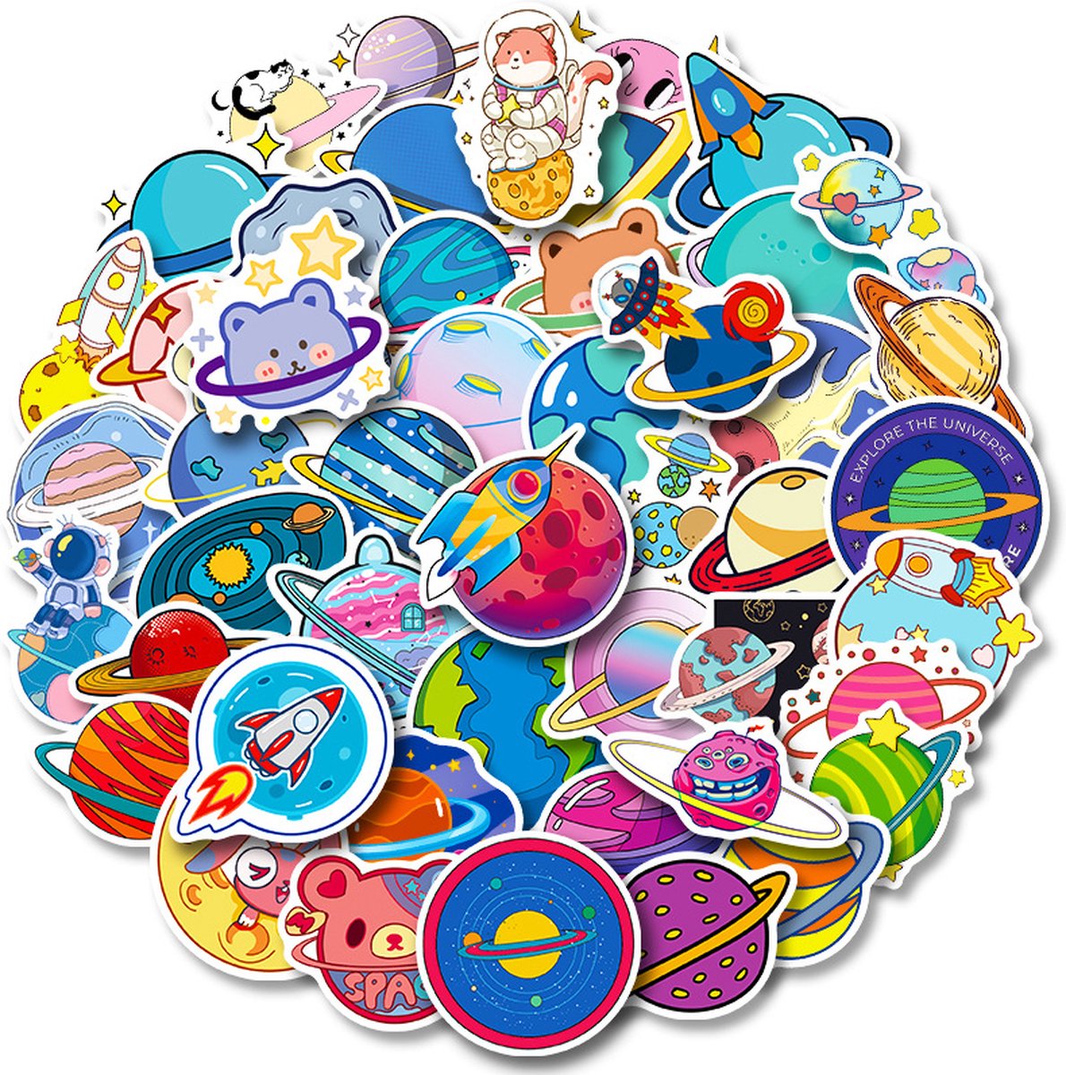 Planeet Stickers | 50 stickers met planeten en raketten - voor laptop, ipad, telefoon, schrift, muur etc.