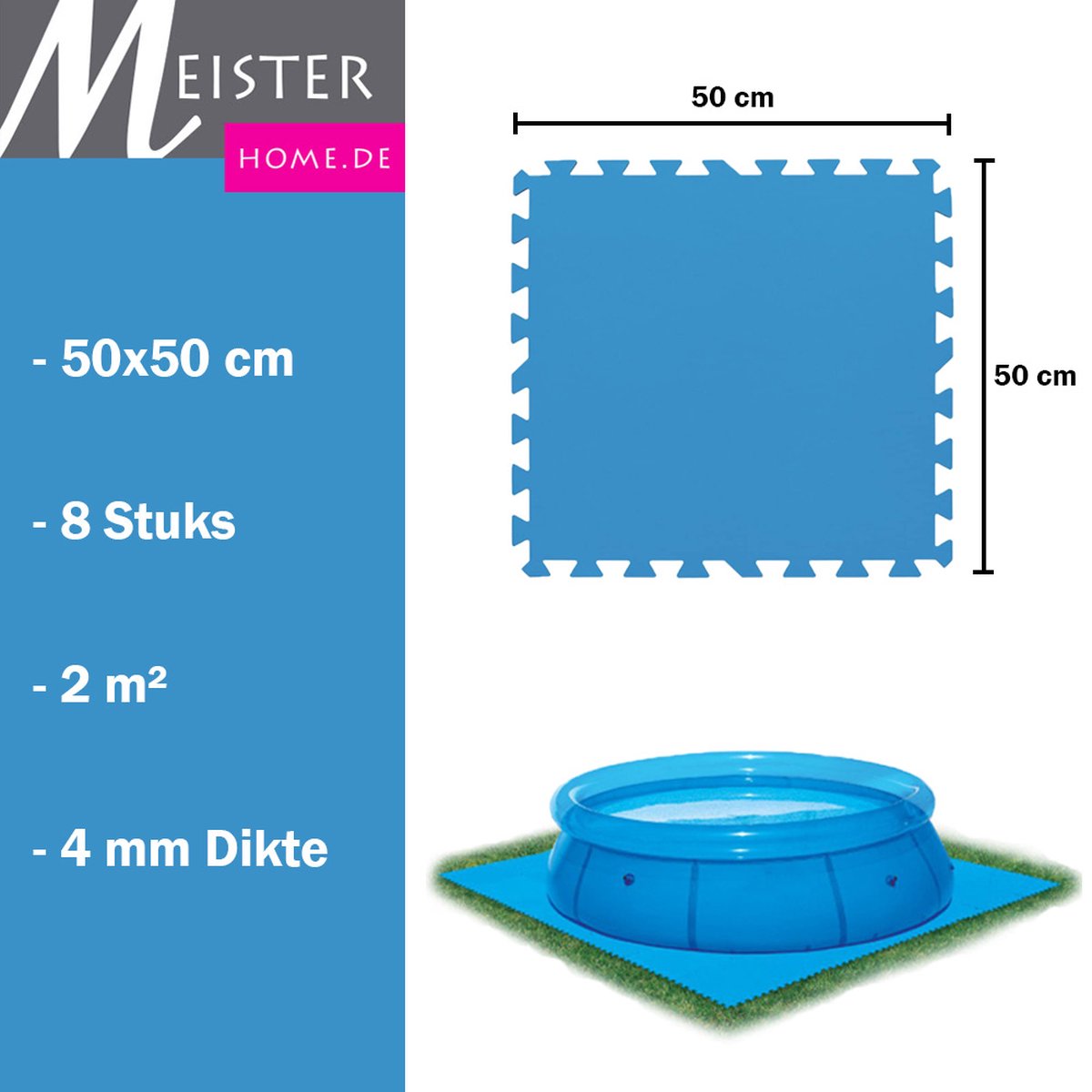 Meisterhome® Zwembad tegels - Set van 8 stuks - 50x50 cm - 2 m² - Bodem bescherming - Ondertegels - Ondervloer - Ondergrond - Foam tegels - Matten - Puzzelmat voor zwembad - Zwembadtegels