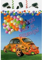 Geslaagd voor je rijbewijs! Hartelijk gefeliciteerd! Een feestelijke en kleurrijke wenskaart met bloemen, ballonnen, autosleutels een leuke auto! Een dubbele wenskaart inclusief envelop en in folie verpakt.
