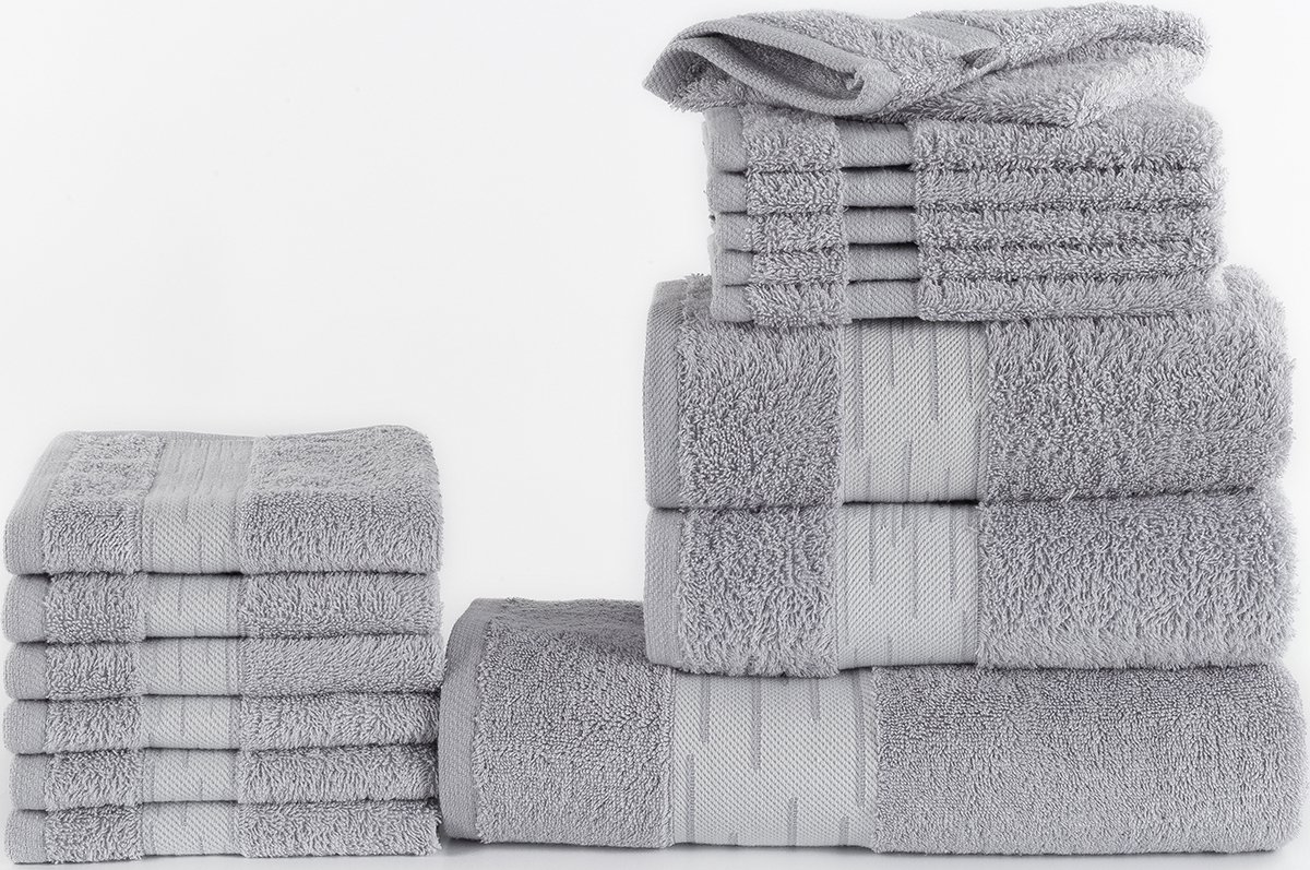 Homéé 15 delige baddoekenset Essentials 1 badlaken 2 handdoeken 6 gastendoekjes 6 washandjes grijs 100% katoen 550g. m²