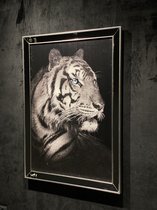 Schilderij 3D 'White Tiger' op doek 80x110 - Houten lijst met spiegel bewerking, reliëf effect, handgemaakte effecten