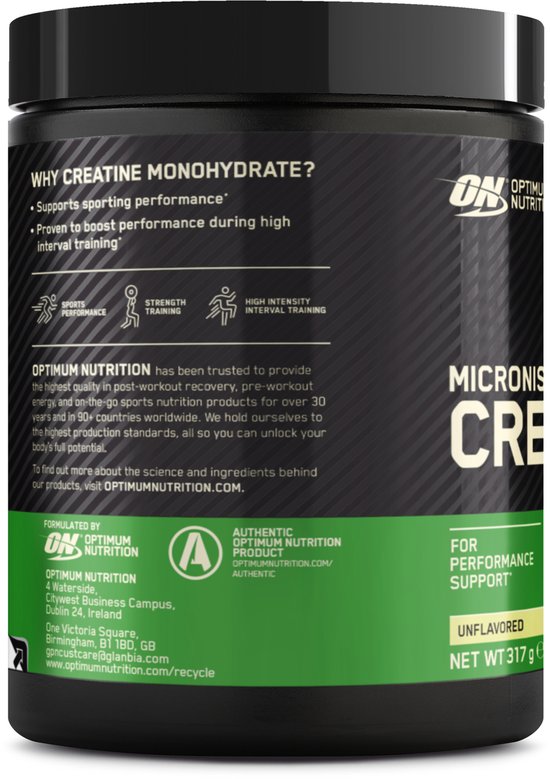 Achterkant van een pot micronised creatine poeder met informatie over de voordelen van creatine en Optimum Nutrition.