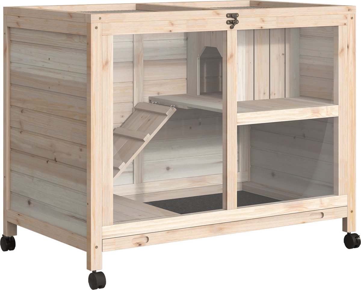 PawHut Winterbestendige Konijnenhok Van Vurenhout Met Openklapbaar Dak 84x43x70 Cm Grijs~1t25fed0pp001