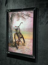 Schilderij 3D 'Autumn Bicycle' op doek 80x110 - Houten lijst met spiegel bewerking, reliëf effect, handgemaakte effecten