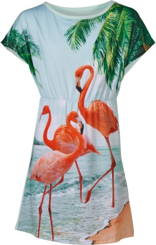 Meisjes jurk korte mouwen  flamingo print - aqua groen | Maat 128/ 8Y