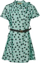 Meisjes bloemenprint jurk korte mouwen met striksluiting aan de hals en riem - pastel groen | Maat 116/ 6Y (valt als 104/4Y)