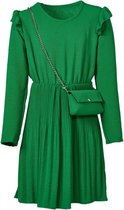 Meisjes plisse jurk lange mouwen met ruffles op de schouders en een bijpassend tasje - groen | Maat 140/ 10Y