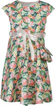 Meisjes jurk kapmouwen met een bijpassend tasje - kleine bloemen/bladeren/flamingoprint | Maat 116/ 6Y