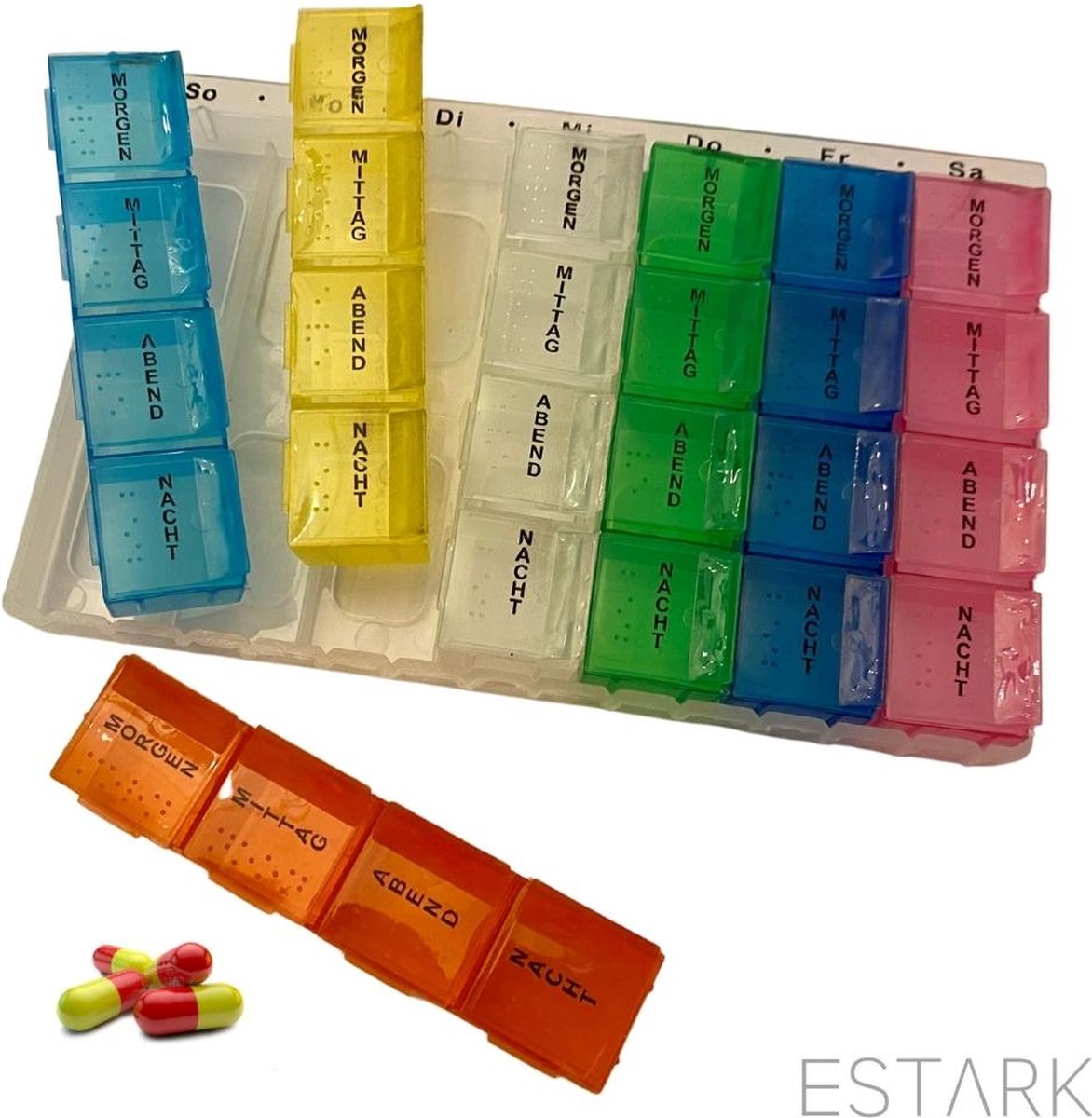 ESTARK® - Pillendoos 7 Dagen met 4 dagdelen pillendoosje - 28 Vakken - Grote vakken - Handig in Gebruik - Sluit Goed - Medicijn Doos - Medicijnendoos (Kleur)