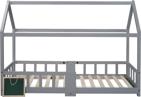 YJZQ Kinderbedhuis 90x200 cm- Huis Bedframes met grenenhouten dak en hek voor kinderen jongens meisjes- inclusief plank en lattenbodems- grijs (zonder matras)