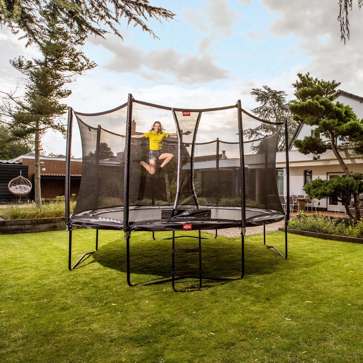 BERG Favorit Levelsronde trampoline op poten 430cm met veiligheidsnet Comfort grijs incl. ladder en afdekhoes